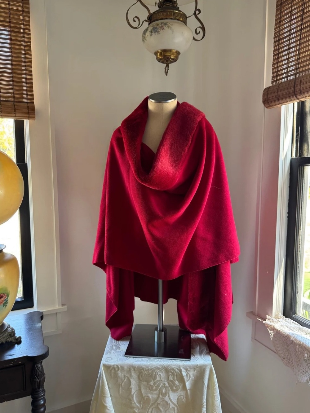 Vintage Preston & York ruby red wrap with plush faux fur trim.  SIZE ALL
